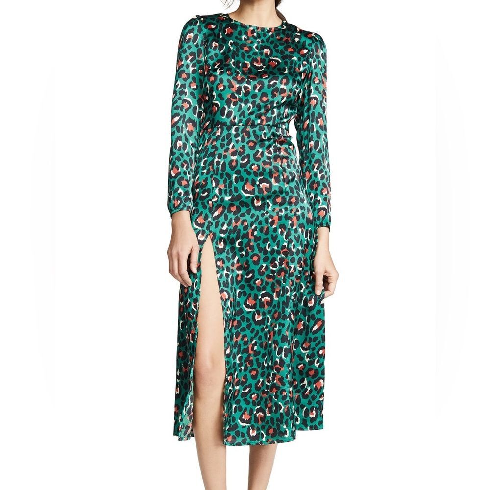 Rahi Dixie Long Sleeve Midi Dress in Green Leopard Print, Size XS